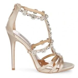 Badgley Mischka Thelma Ankle Strap Rhinestone Heels Gold Silver Cocktail 6.5